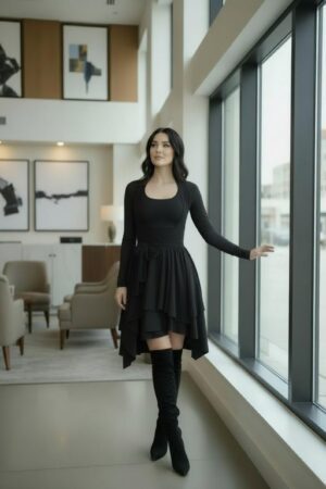 Two piece black sleeveless tissue hem short dress with long-sleeve jacket and sash.