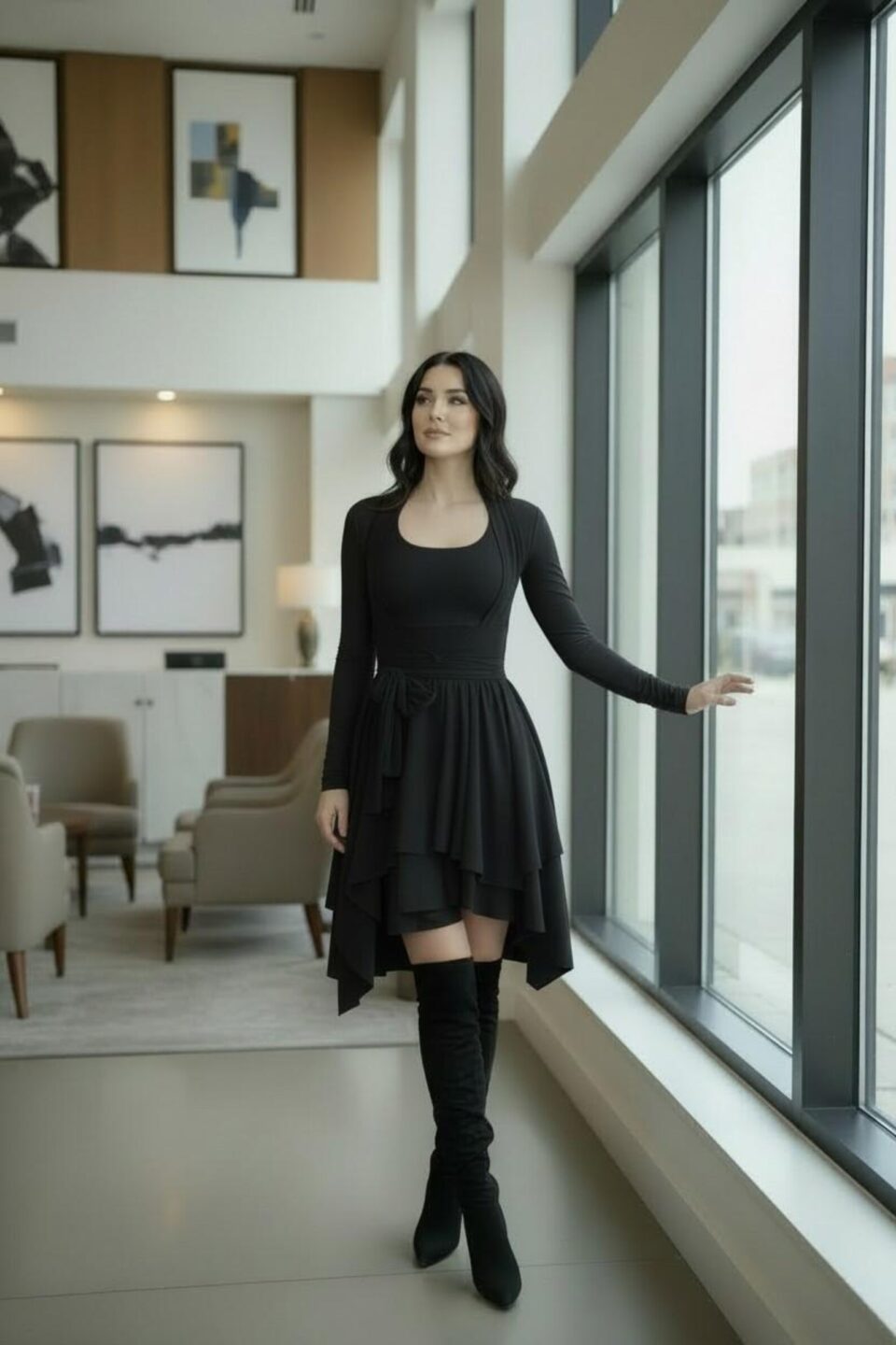 Two piece black sleeveless tissue hem short dress with long-sleeve jacket and sash.