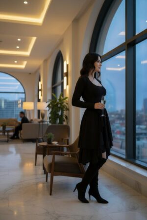 Two piece black sleeveless tissue hem short dress with long-sleeve jacket and sash.