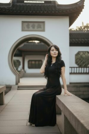 Empire waist cap sleeve maxi dress with mesh overlay and brown velvet floral stencil atop the mesh.