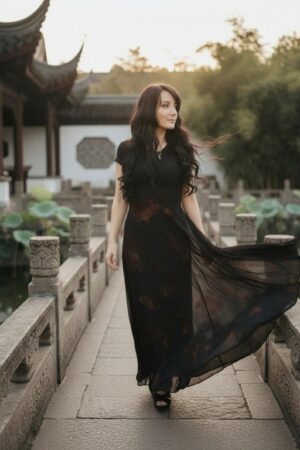 Empire waist cap sleeve maxi dress with mesh overlay and brown velvet floral stencil atop the mesh.