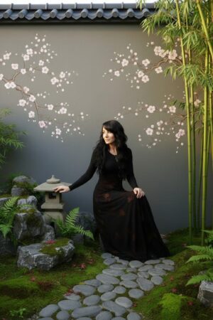 Empire waist, long-sleeve maxi dress with mesh overlay and brown floral velvet stencil atop the mesh.
