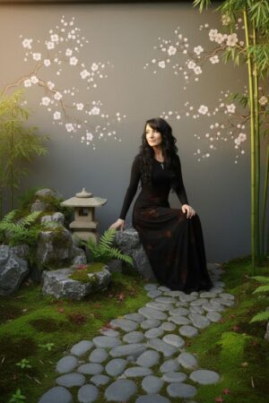Empire waist, long-sleeve maxi dress with mesh overlay and brown floral velvet stencil atop the mesh.