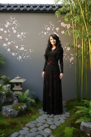 Empire waist, long-sleeve maxi dress with mesh overlay and brown floral velvet stencil atop the mesh.