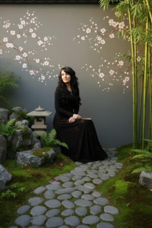 Empire waist, long-sleeve maxi dress with mesh overlay and brown floral velvet stencil atop the mesh.