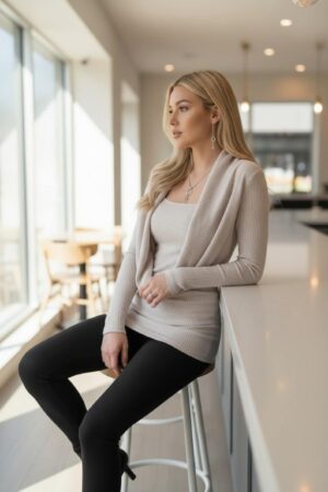 Creamy gray ribbed cowl neck long-sleeve viscose blend sweater.