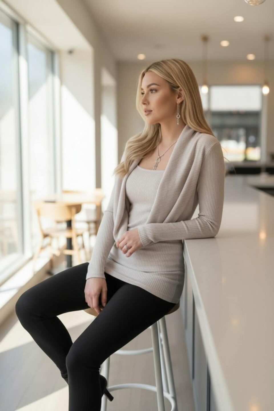 Ribbed Cowl Neck Long-Sleeve Viscose Blend Sweater