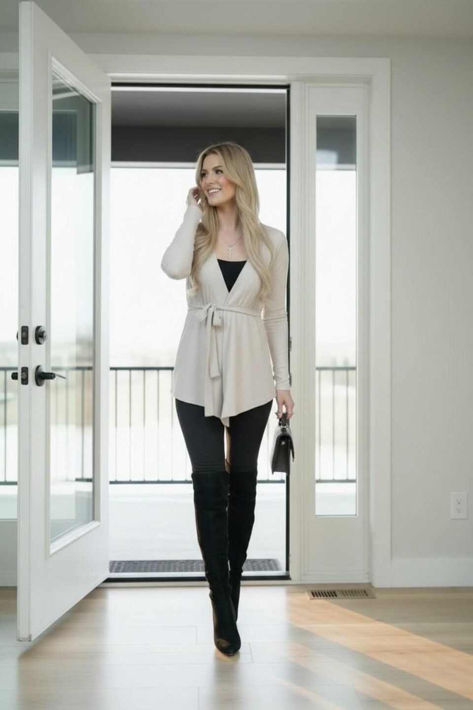 Creamy gray long-sleeved ribbed cardigan in soft stretchy viscose/spandex blend with long tie under bust.