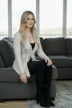 Creamy gray long-sleeved ribbed cardigan in soft stretchy viscose/spandex blend with long tie under bust.