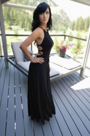 Open back, high neck maxi dress, with criss-cross string detail in the back.