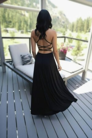 Open back, high neck maxi dress, with criss-cross string detail in the back.