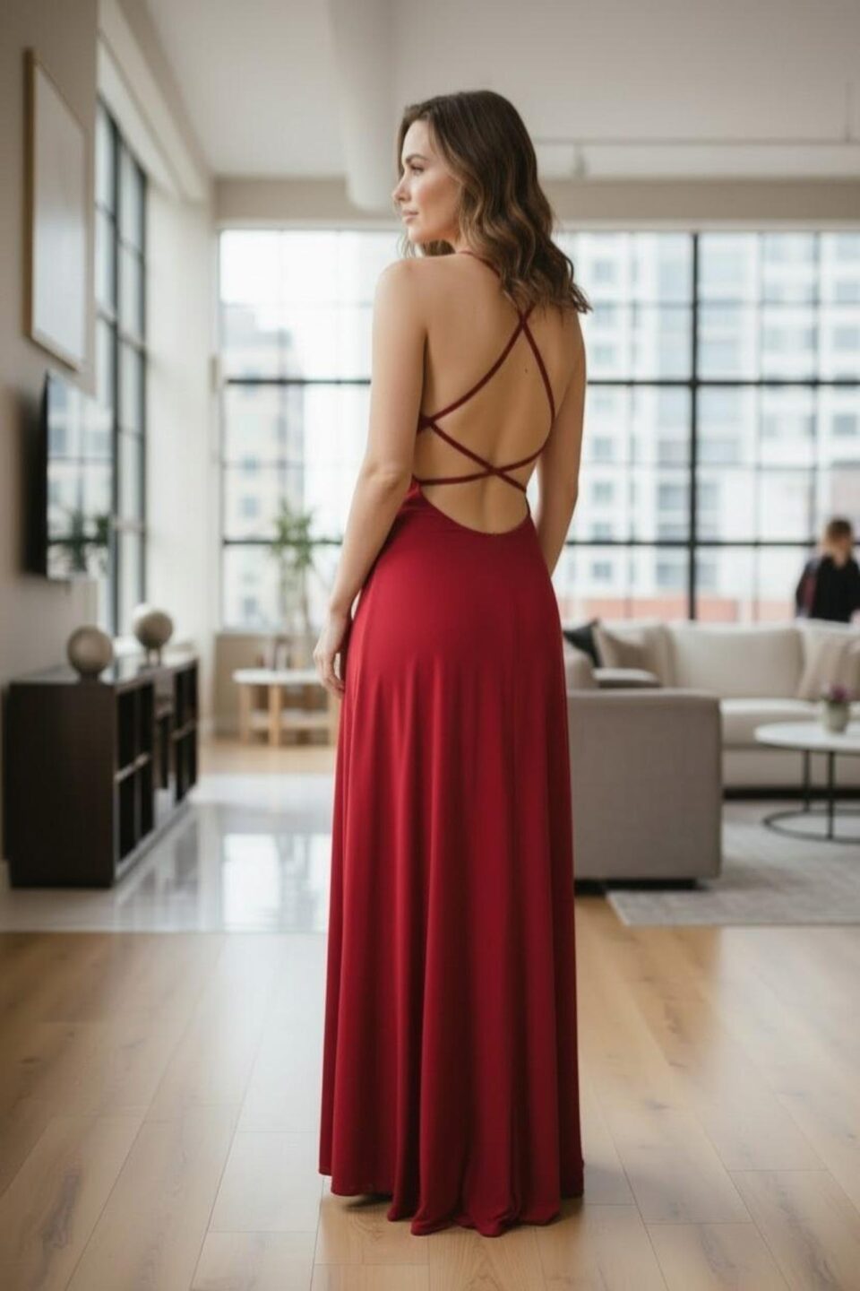 Exposed Back Scarlet Red Long Cowl Neck Maxi Dress