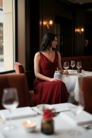 Exposed back scarlet red long cowl neck maxi dress.