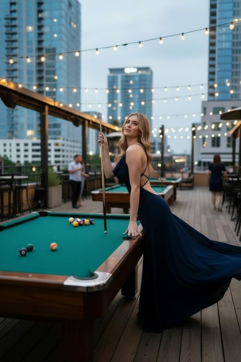Open back navy cowl neck maxi dress.
