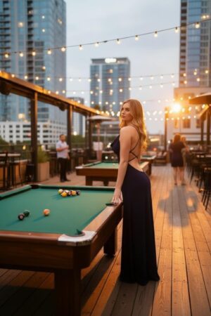 Open back navy cowl neck maxi dress.