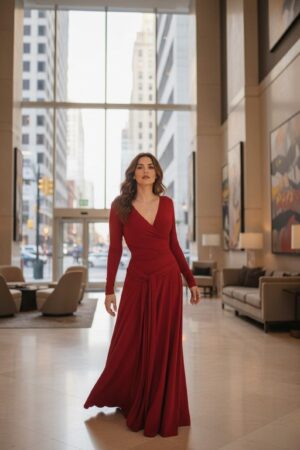 Scarlet red reversible long-sleeve maxi wrap dress.