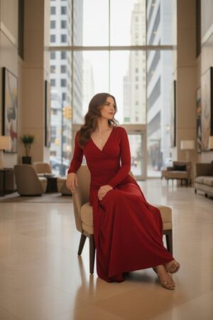 Scarlet red reversible long-sleeve maxi wrap dress.