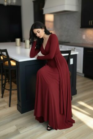 Scarlet red reversible long-sleeve maxi wrap dress.