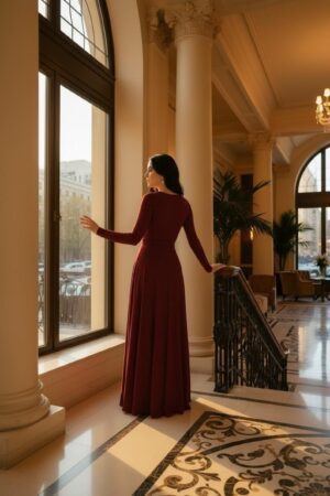 Scarlet red reversible long-sleeve maxi wrap dress.