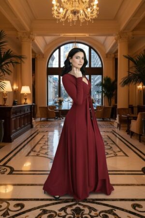 Scarlet red reversible long-sleeve maxi wrap dress.