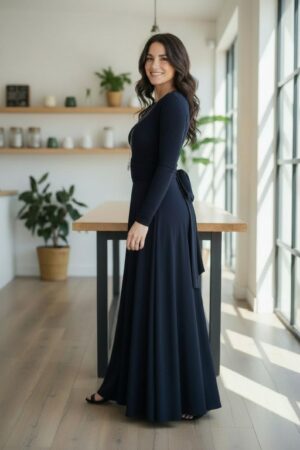 Maxi navy blue long-sleeve infinity fitted wrap dress, reversible with v-neck or boat neck options, and provided with long waist ties.
