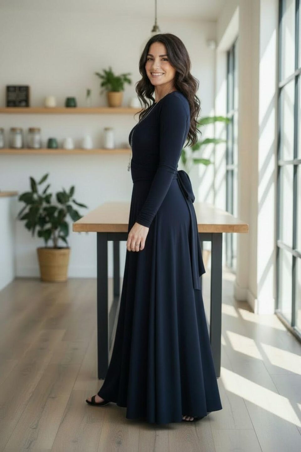Maxi Navy Long-Sleeve Infinity Fitted Wrap Dress