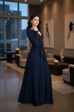 Maxi navy blue long-sleeve infinity fitted wrap dress, reversible with v-neck or boat neck options, and provided with long waist ties.