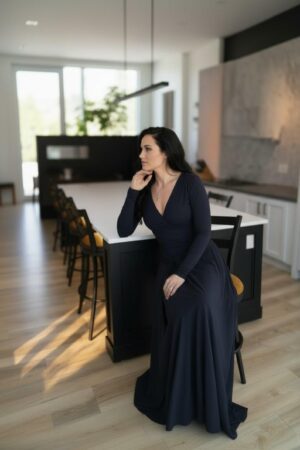 Maxi navy blue long-sleeve infinity fitted wrap dress, reversible with v-neck or boat neck options, and provided with long waist ties.