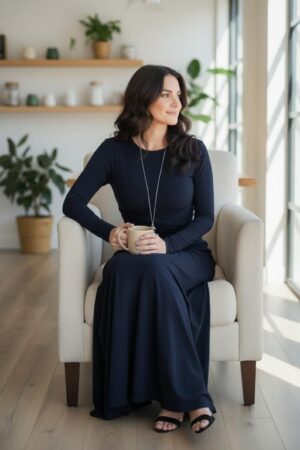 Maxi navy blue long-sleeve infinity fitted wrap dress, reversible with v-neck or boat neck options, and provided with long waist ties.