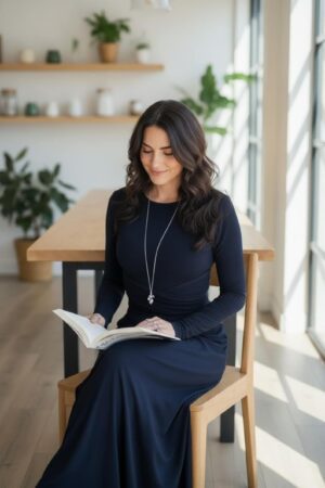 Maxi navy blue long-sleeve infinity fitted wrap dress, reversible with v-neck or boat neck options, and provided with long waist ties.