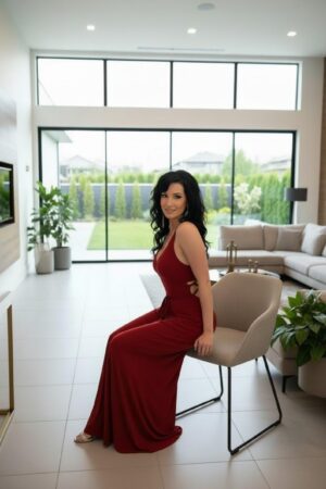 Open back scarlet red silky smooth floor length fitted maxi dress.