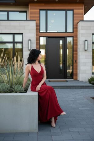 Open back scarlet red silky smooth floor length fitted maxi dress.