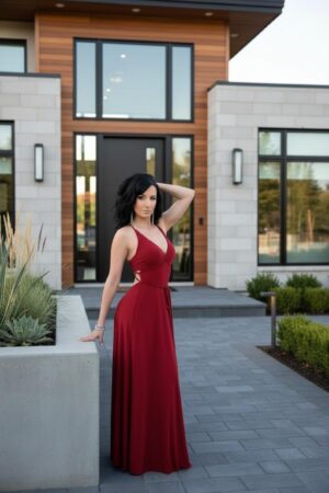 Open back scarlet red silky smooth floor length fitted maxi dress.