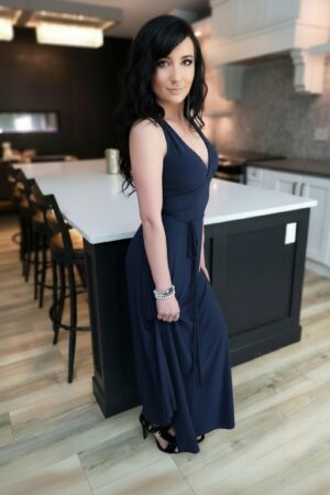 Exposed back navy blue floor length fitted maxi dress.