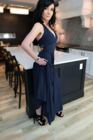 Exposed back navy blue floor length fitted maxi dress.