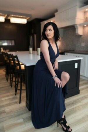 Exposed back navy blue floor length fitted maxi dress.