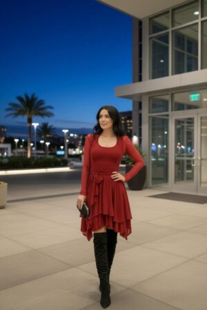 Mesh Scarlet Red Crop Jacket (dress sold separately), open front with two long ties that criss cross at empire waist.