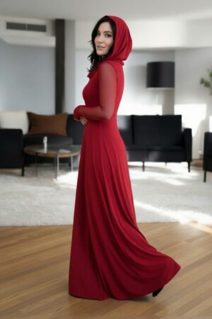 Scarlet red hooded cowl neck maxi dress with mesh sleeves and finger cutouts.