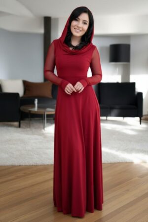 Scarlet red hooded cowl neck maxi dress with mesh sleeves and finger cutouts.