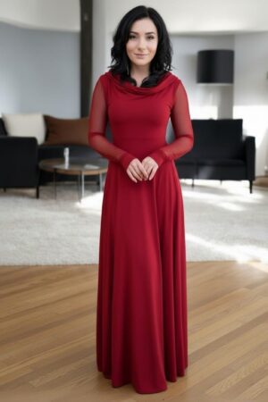Scarlet red hooded cowl neck maxi dress with mesh sleeves and finger cutouts.