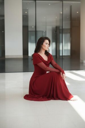 Scarlet red hooded cowl neck maxi dress with mesh sleeves and finger cutouts.