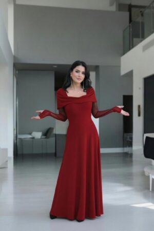 Scarlet red hooded cowl neck maxi dress with mesh sleeves and finger cutouts.