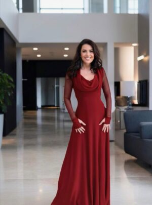 Scarlet red hooded cowl neck maxi dress with mesh sleeves and finger cutouts.