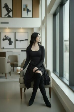 Two piece black sleeveless tissue hem short dress with long-sleeve jacket and sash.