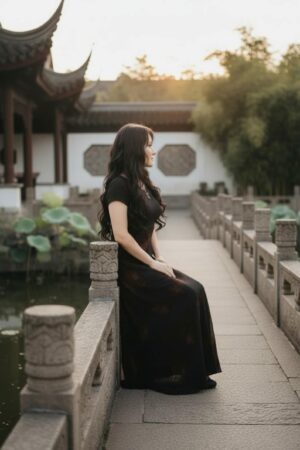 Empire waist cap sleeve maxi dress with mesh overlay and brown velvet floral stencil atop the mesh.