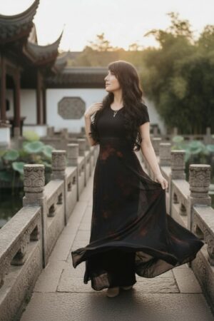 Empire waist cap sleeve maxi dress with mesh overlay and brown velvet floral stencil atop the mesh.