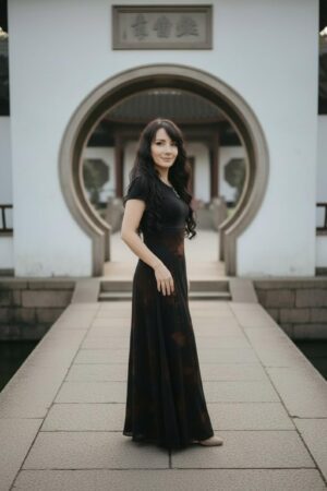 Empire waist cap sleeve maxi dress with mesh overlay and brown velvet floral stencil atop the mesh.
