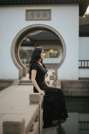 Empire waist cap sleeve maxi dress with mesh overlay and brown velvet floral stencil atop the mesh.