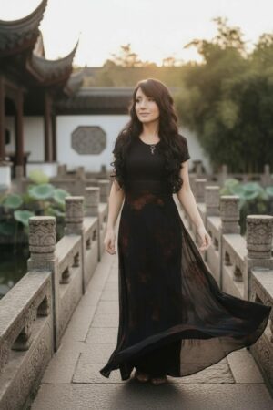 Empire waist cap sleeve maxi dress with mesh overlay and brown velvet floral stencil atop the mesh.