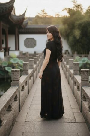 Empire waist cap sleeve maxi dress with mesh overlay and brown velvet floral stencil atop the mesh.